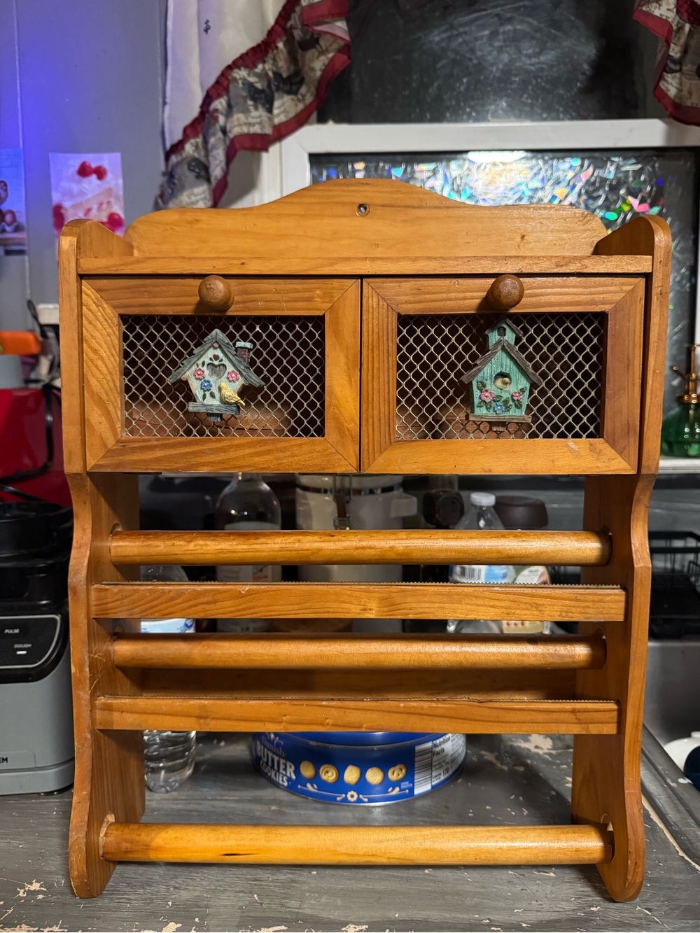 vintage wooden wall organizer with birdhouse doors | cottage farmhouse decor